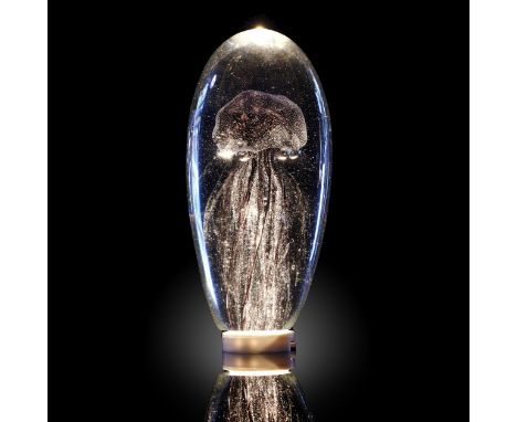 Decorative/Interior Design: A glass jellyfish sculpture, on LED light pod (110V), 17cm high overall