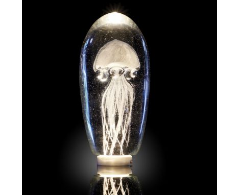 Decorative/Interior Design: A glass jellyfish sculpture, on LED light pod (110V), 19cm high overall