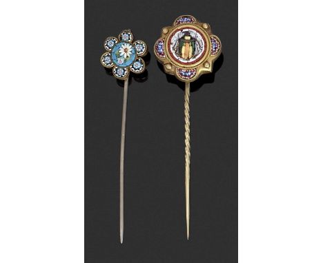 Two micro mosaic stick pins: one with green and gold beetle on white background with rope twist mount and micro mosaic and be