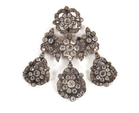 An 18th century paste girandole pendant, set throughout with white paste on unmarked white metal (tests as silver), 6cm long,