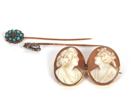 A mixed lot of jewellery: to include a horseshoe stick pin set with small rose cut diamonds, unmarked, 1.4g; a turquoise and 