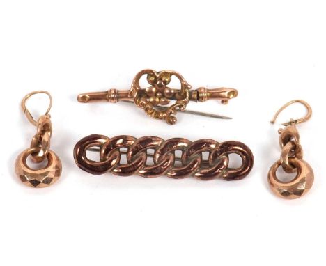 A mixed lot of jewellery: to include a pair of earrings stamped 9ct 1.1g; a bar brooch stamped 9ct 2.1g; and a chain style br