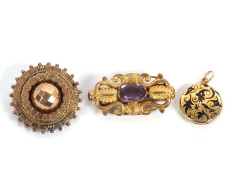 Two brooches and a locket: to include a 19th century round yellow metal brooch with glazed keepsake panel with hair to revers