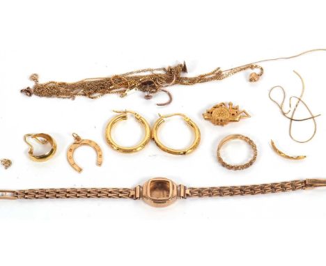 A mixed lot of gold and yellow metal jewellery: to include a 9ct watch case with London assay mark, on 9ct watch strap stampe