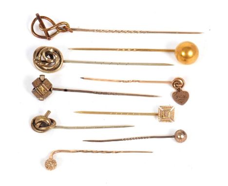 Nine assorted unmarked yellow metal stick pins, 17.6g gross, (9)