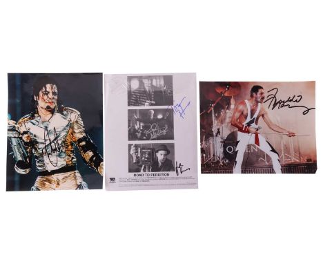 Three signed items of entertainment memorabilia, comprising a colour photograph of Freddie Mercury, 19.5 cm x 25.5 cm with CO
