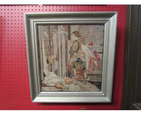 A tapestry depicting a hunter with various animals, 36cm x 32cm  