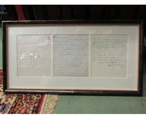 A framed and glazed print of a letter from Lord Nelson with facsimile signature.