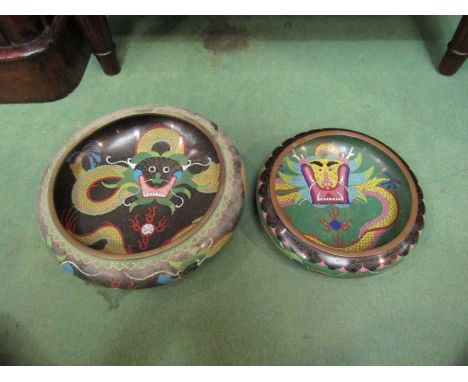 Two similar Chinese cloisonne enamel bowls of cushioned circular form, decorated with temple lions (2)
