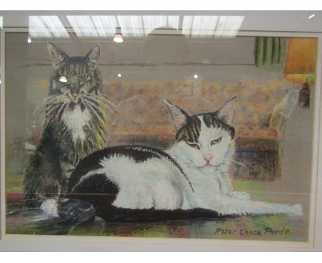 Pastel and coloured chalks of two cats and a sofa by PETAR PARDO, signed lower right, 25cm x 38cm