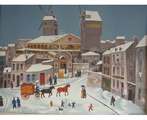 After Michel Delacroix, a lithograph print on Arches paper depicting a French snowy street scene, with figures, horse and car