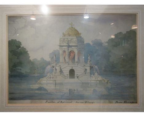 A print of architectural form entitled "Pavillion d' Agrement Sur un Etana", framed and glazed, 44cm x 64cm
