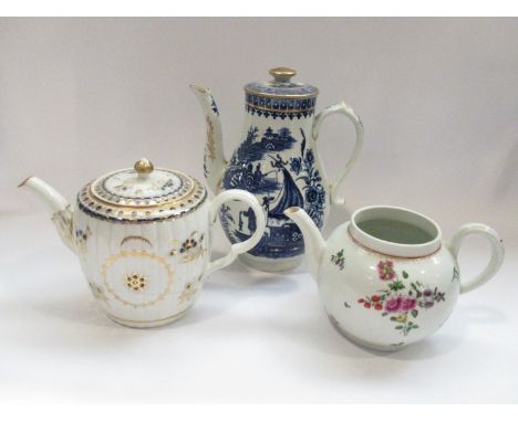 An 18th Century Caughley porcelain teapot, enriched with gilt a/f, an 18th Century transfer printed coffee pot with matched l