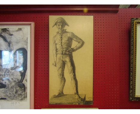 A sepia print on board depicting a harlequin monogrammed Y.A.L and dated 6/5/32, 61cm x 32cm