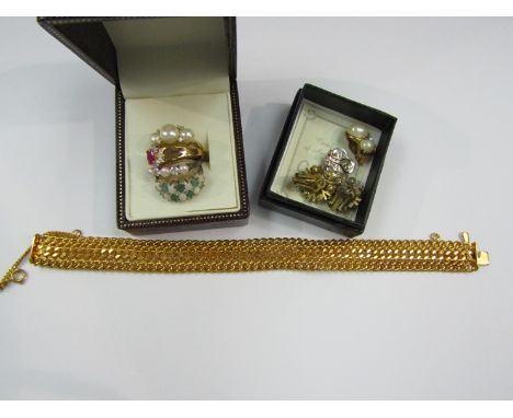 Four dress rings including ruby and pearl, bracelet, clip on earrings etc