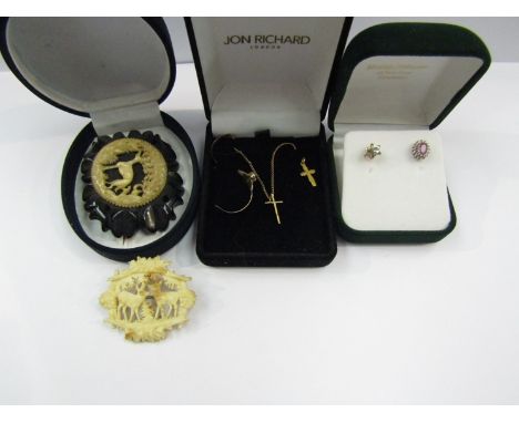 Two Victorian ivory brooches, two odd earrings, two gold crosses and a ring a/f