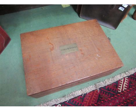 An oak empty cutlery two drawer box with original Hunt &amp; Roskell Late Storr &amp; Mortimer label and a brass plaque "Jame