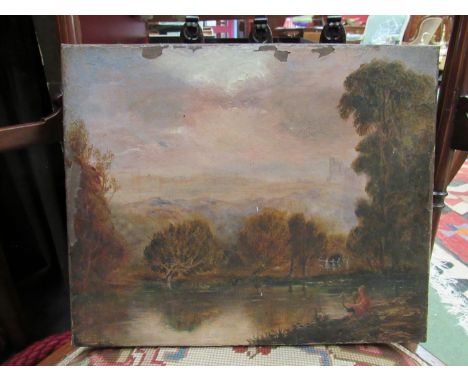 A 19th Century unframed oil on canvas, lady playing lyre by a river, trees and forest to background, unsigned, some paint los