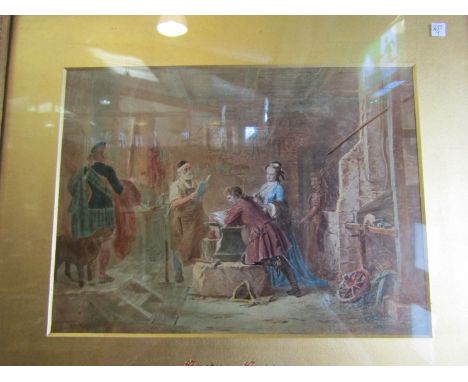 A Victorian part painted print "Gretna Green blacksmith wedding" in ornate frame, 23cm x 31cm  