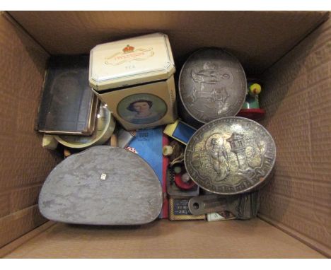 A collection of bygones including vintage items, tins, lighter and ephemera