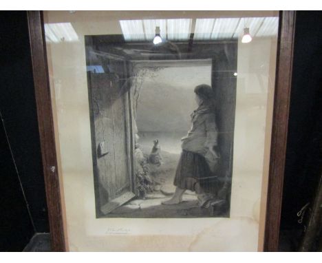 A Victorian print by Tom Phillips, young girl at doorway with dog, signed, some staining, framed and glazed, 45cm x 35cm