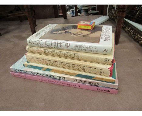 Six assorted erotica related volumes including Nazarieff 'Early Erotic Photography', Anais Nin etc. plus pack of miniature er
