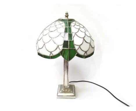 An Art Deco style table lamp with green and white shade, 48cm tall