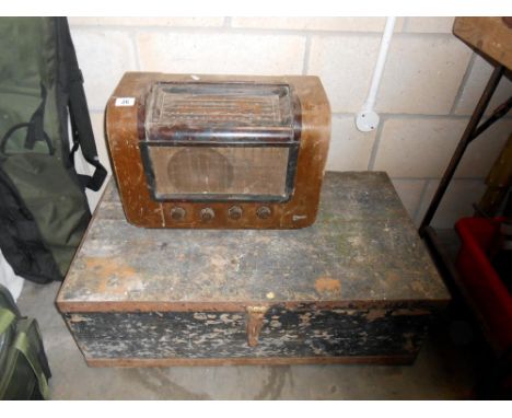 An old pine tool box and vintage Marconi valve radio for restoration