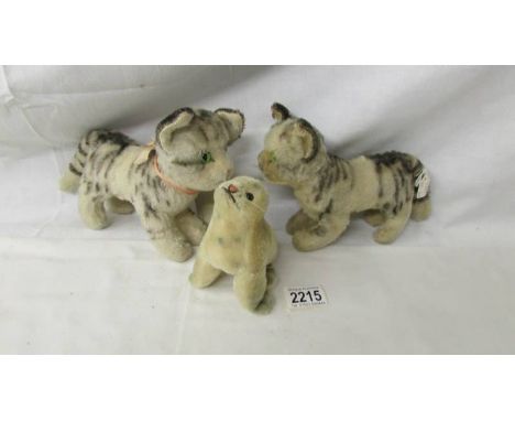 2 1950's mohair cats and a seal (possibly Steiff).