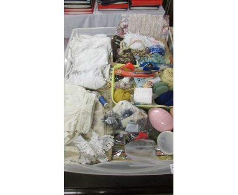 A large box of vintage textiles including fabric, trims, lace, children's clothing, haberdashery etc.,