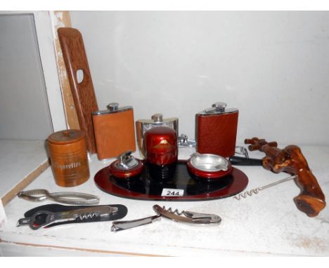 A vintage Oriental lacquered smokers stand, plus hip flasks, corkscrews etc.