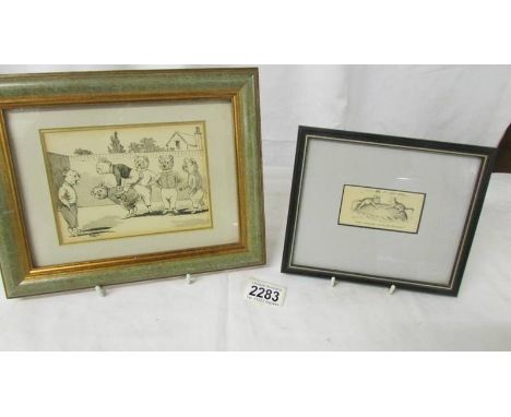 2 framed and glazed cartoons 'Did I Rescue You or did You Rescue Me' and dogs playing leap frog.