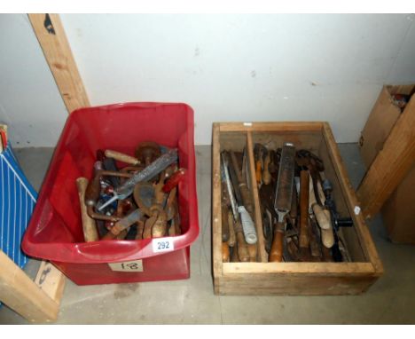 A selection of antique and vintage tools in 2 boxes