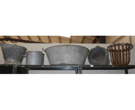 A vintage galvanised bath and quantity of buckets etc.