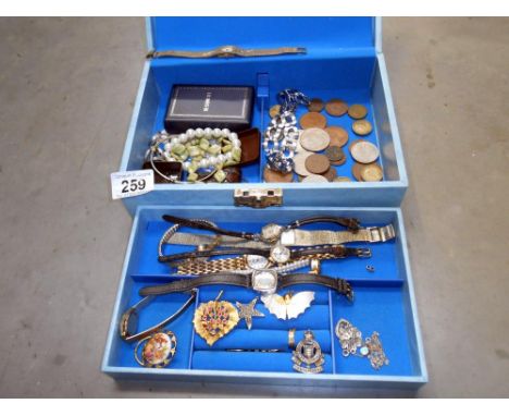 A jewellery box of old watches including art deco, silver pendant, brooches, odd 9ct gold earring &amp; old uk coins etc.