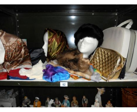 A selection of vintage ladies headscarves, hats, gloves, bags, purse etc. (heads not included)