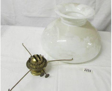 A 30 cm diameter opaque glass mushroom oil lamp shade with gallery and burner.