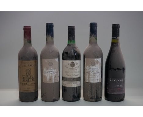 Five various bottles of red wine. (5) 