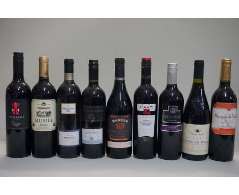 Nine various bottles of red wine. (9) 