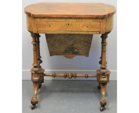 LATE VICTORIAN WALNUT LADY'S WORK TABLE, having bowed ends, single frieze drawer above slide out well, turned and fluted end 