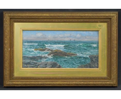 JOHN BRETT, (British, 1830-1902), seascape with tidal rocks exposed to the fore and sailing vessels on the horizon, inscribed