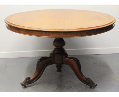 LATE VICTORIAN MAHOGANY CIRCULAR TIP TOP CENTRE TABLE OR DINING TABLE, the top with moulded edge, and raised on a baluster pe