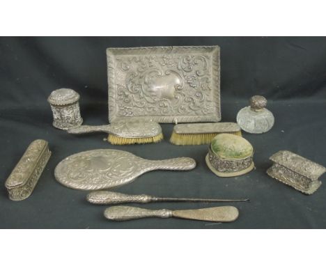 GROUP OF THIRTEEN SILVER LADY'S DRESSING TABLE AND VANITY ITEMS to include: four brushes; scent bottle; button hook; shoe hor