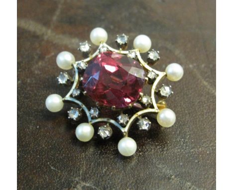 VICTORIAN RUBY, PEARL AND DIAMOND GOLD SET WITH ENAMEL PIN BROOCH/PENDANT. Cushion shaped central ruby measuring 11 x 9mm app