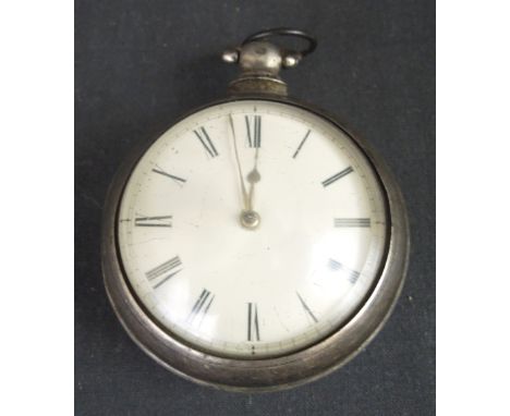 SILVER PAIR CASED POCKET WATCH, having white enamel face with Roman numerals, fusee movement with foliate pierced balance coc