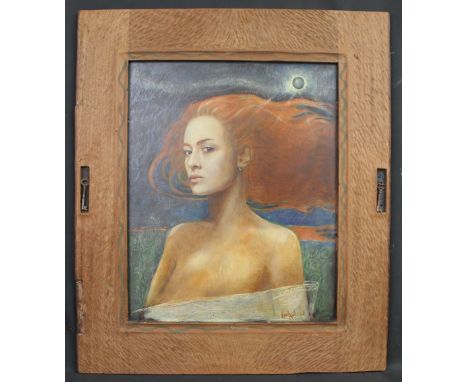 R.M. HUDSON, (British, 20th Century), 'Eclipse', a portrait study, signed, mixed media on panel.  49 x 39cm approx. CONDITION