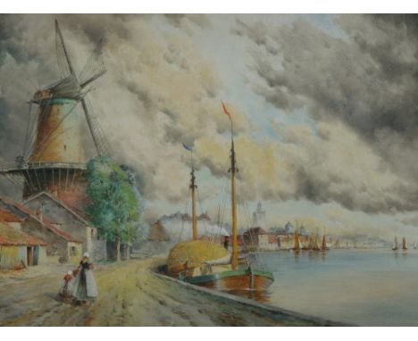 LOUIS VAN STAATEN, (Dutch, 1836-1909), Dutch landscape with figures, moored barges, windmill and distant town under threateni