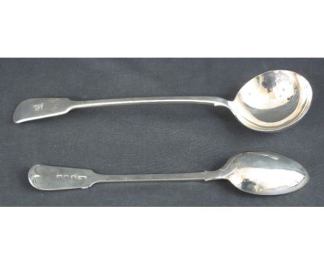 LATE VICTORIAN LARGE SILVER FIDDLE PATTERN LADLE together with matching basting spoon, both with engraved armorial device of 