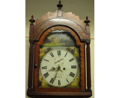 19TH CENTURY WELSH EIGHT DAY MAHOGANY LONG CASE CLOCK, having arched hood with turned finials above arched aperture flanked b