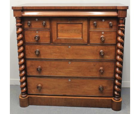 VICTORIAN MAHOGANY STRAIGHT FRONTED SCOTCH CHEST OF DRAWERS, having indented top over single cushion drawer with a single dee